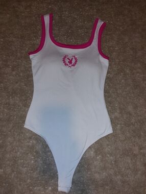 White Tank Bodysuit with Pink Trim